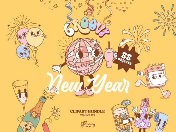 Download Groovy Retro New Year Party Bundle - Art Collection